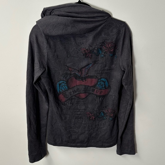 Y2K LIA LEE women's grey emo grunge rhinestone graphic sweater, L. - Picture 4 of 4